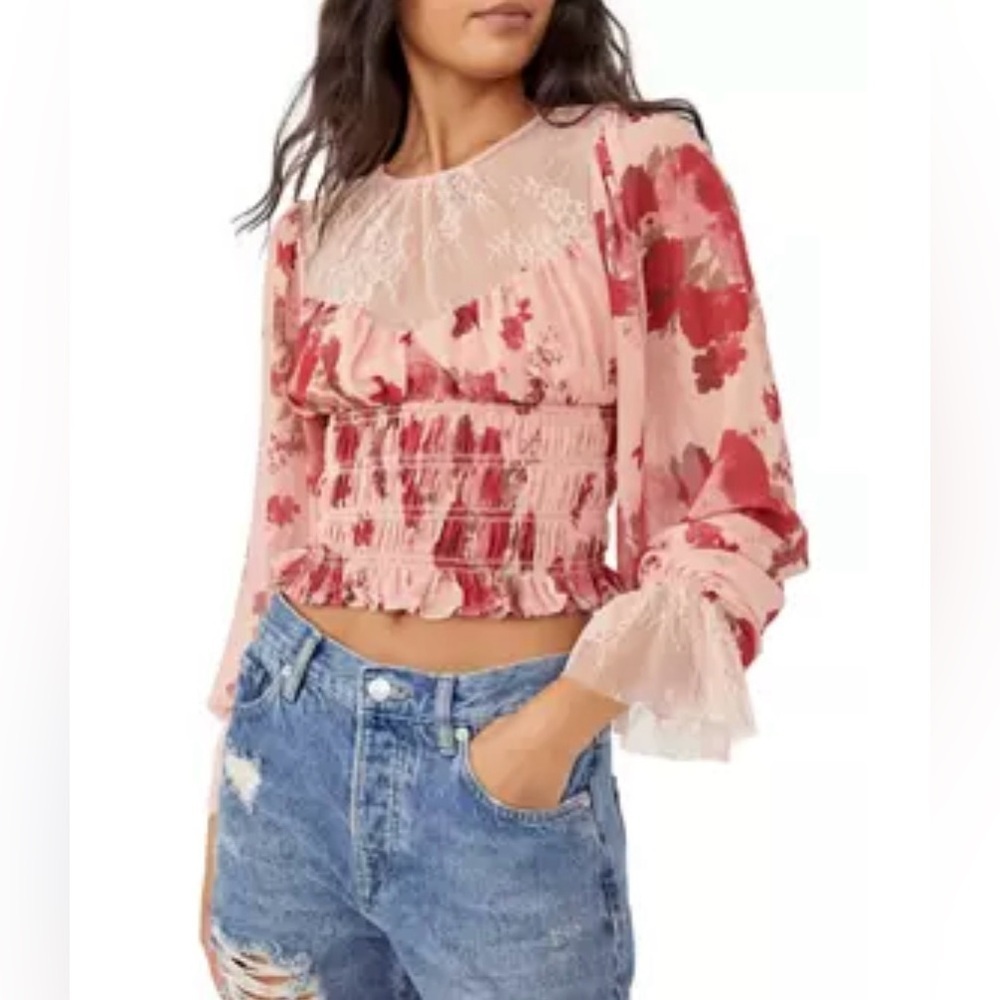 NWT Free People Daphne Romantic Floral Lace Smocked Long Sleeve Blouse Medium ❤️